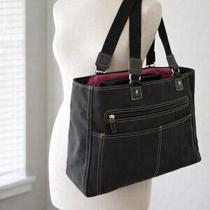 Black Tote Bag Pink Lining | Padded Laptop Sleeve | Multi Pocket Work Travel Bag